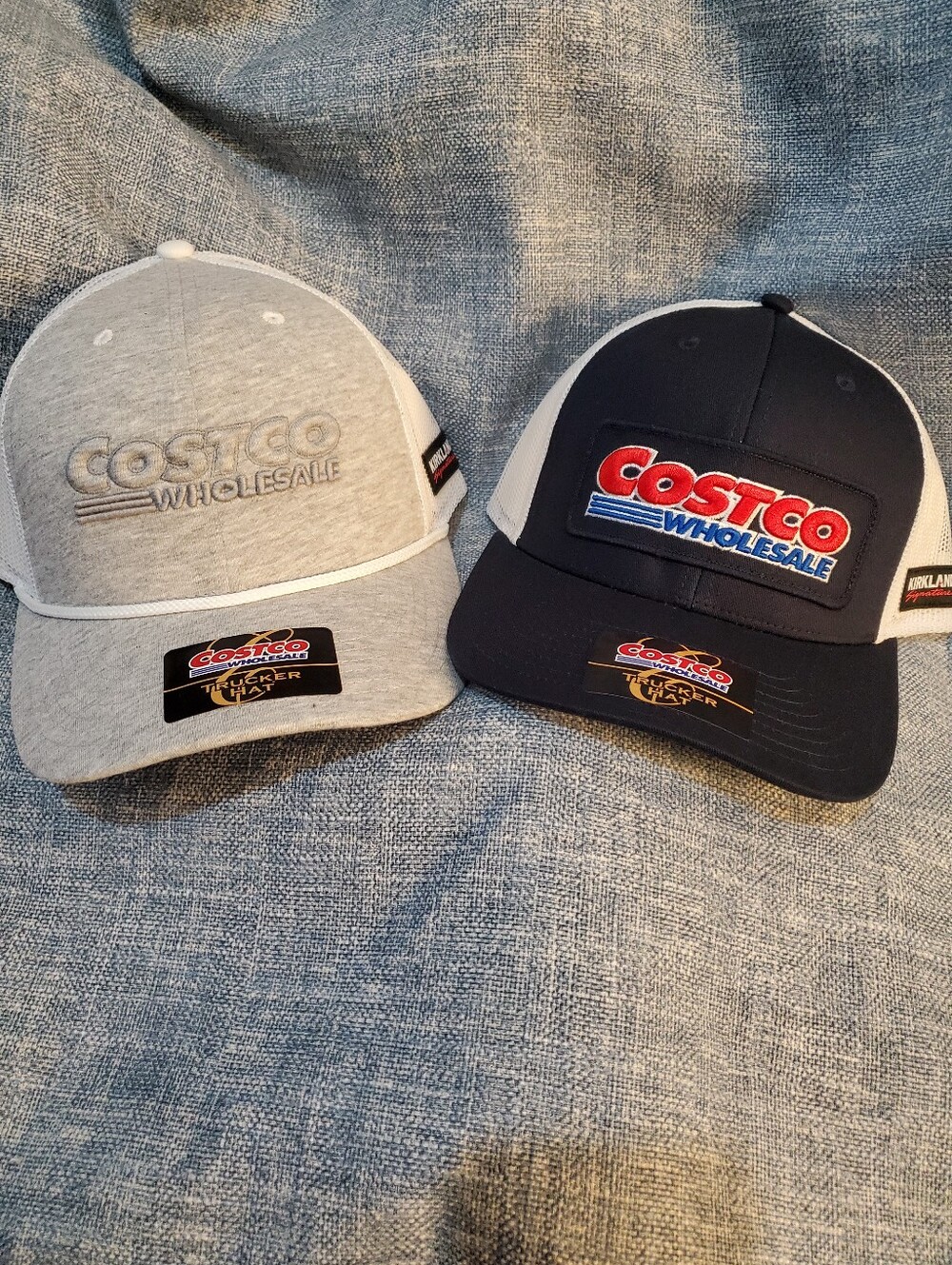 Costco Kirkland Signature Trucker Hat Snapback Mesh Back Gray and Blue Set